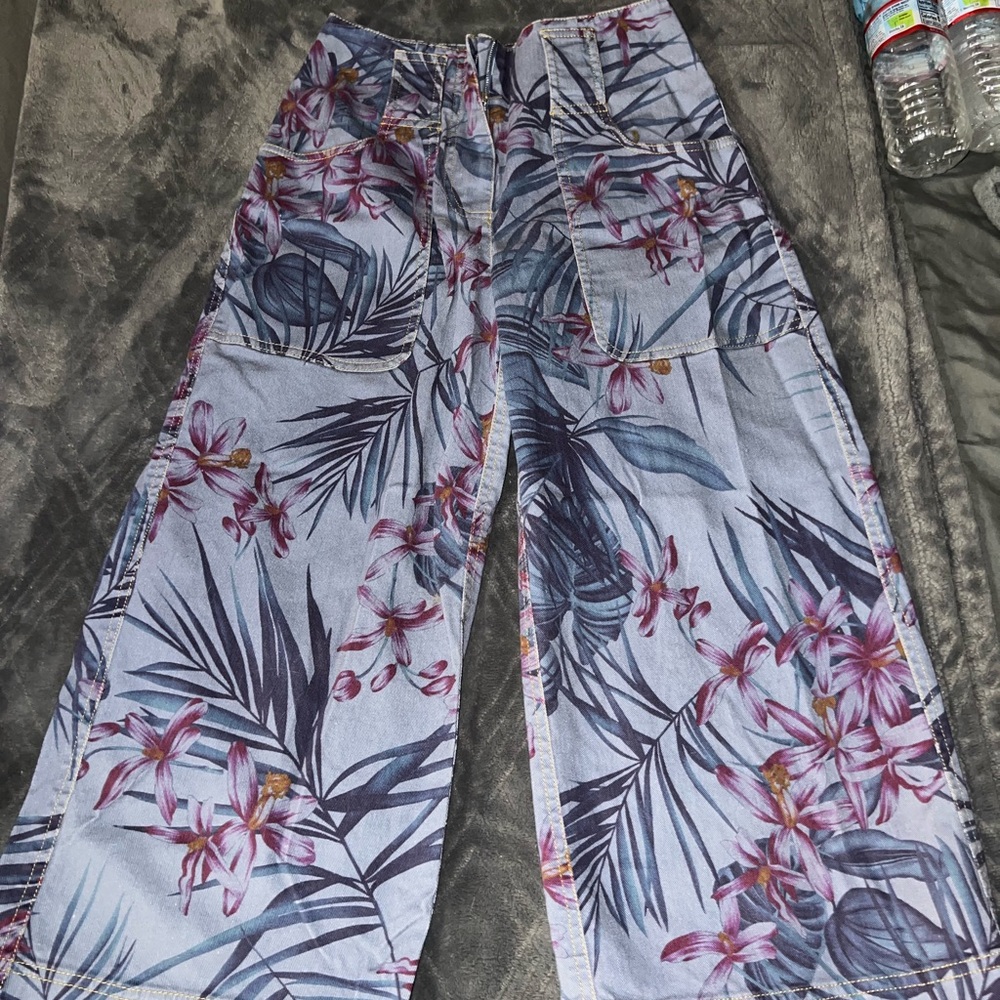 Floral Wide-Leg Pants in Blue and Pink